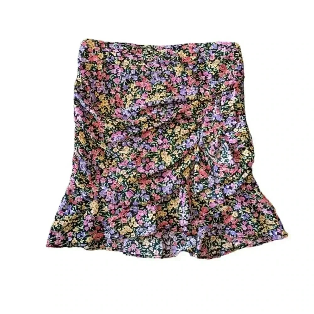 Zara Floral Print Ruched Ruffle Mini Skirt Size Small Side Zip Pansy Spring